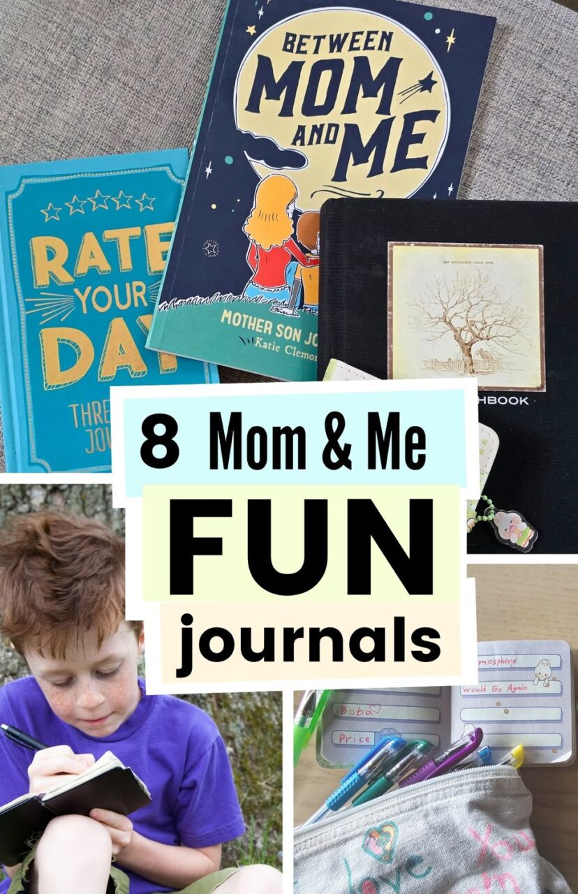 Examples of mom and me journals for connecting with kids with text: 8 mom and me fun journals.