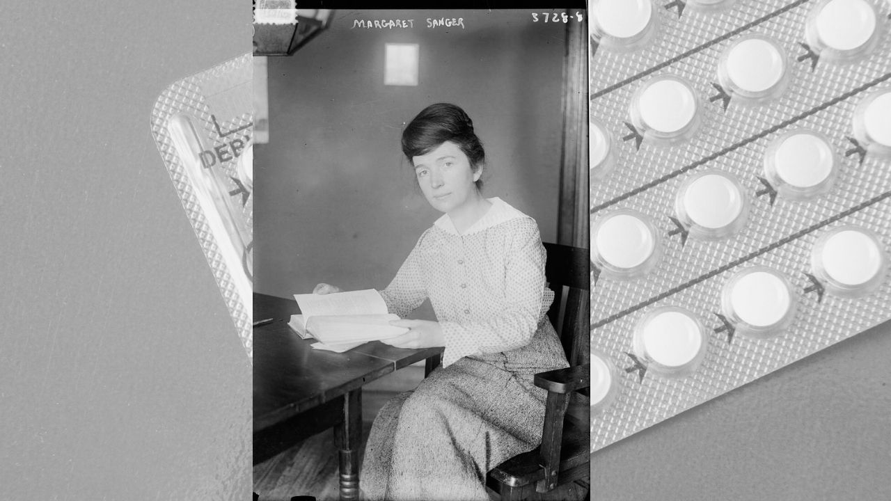 News Photos of Margaret Sanger at her desk with background image of birth control pills.