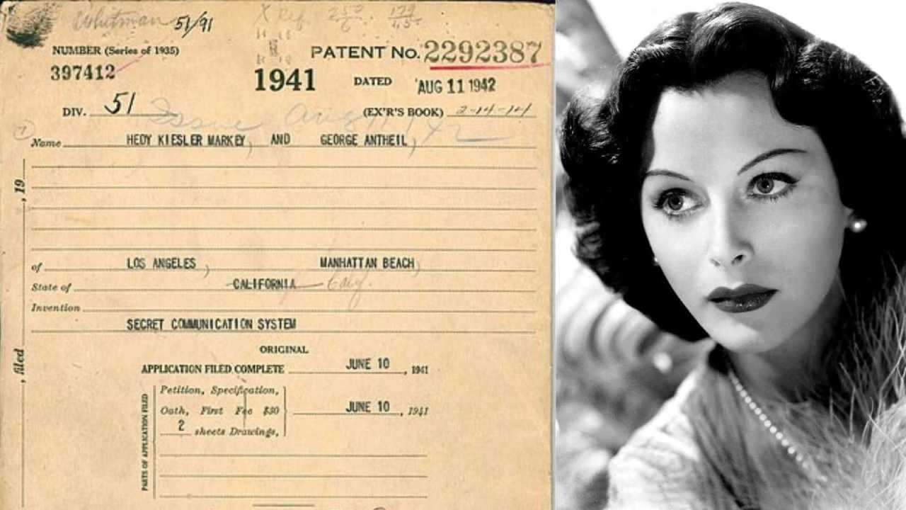 Hedy Lamarr Patent next to Hedy Lamarr publicity shot.