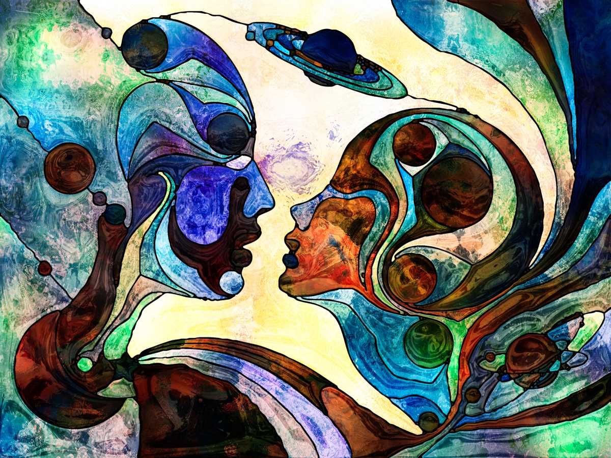 Complex beautiful stained glass image of two people looking at each other with planets in the background.