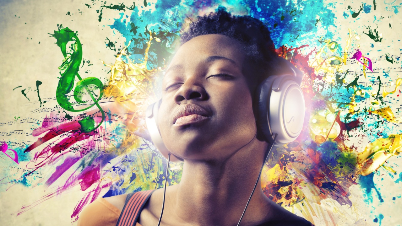 Young woman with headphones listening to music with colorful music notes and paint in background.