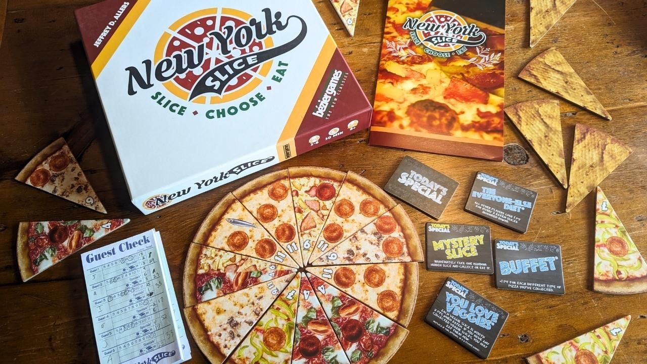 New York Slice Board Game spread out ona  table. Features realistic looking slices of pizza and a menu for rules.