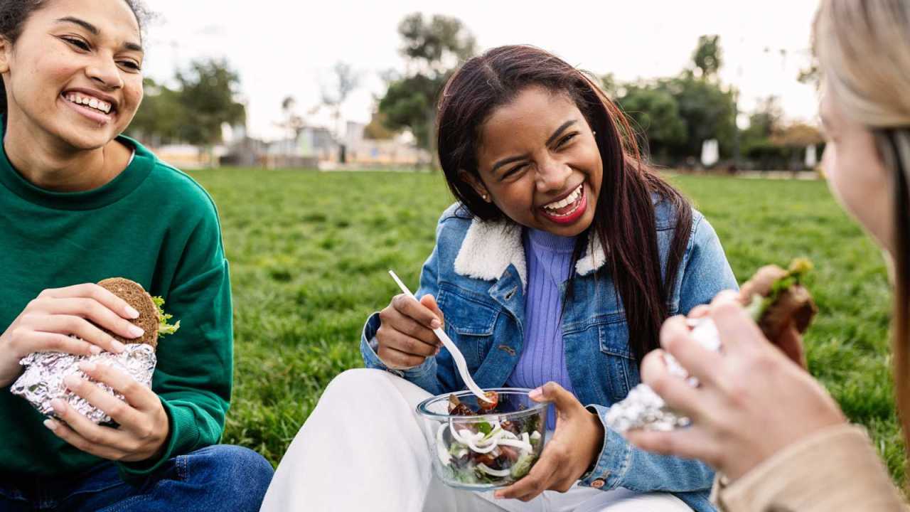 Group of teen or college students happy eating together on a lawn.